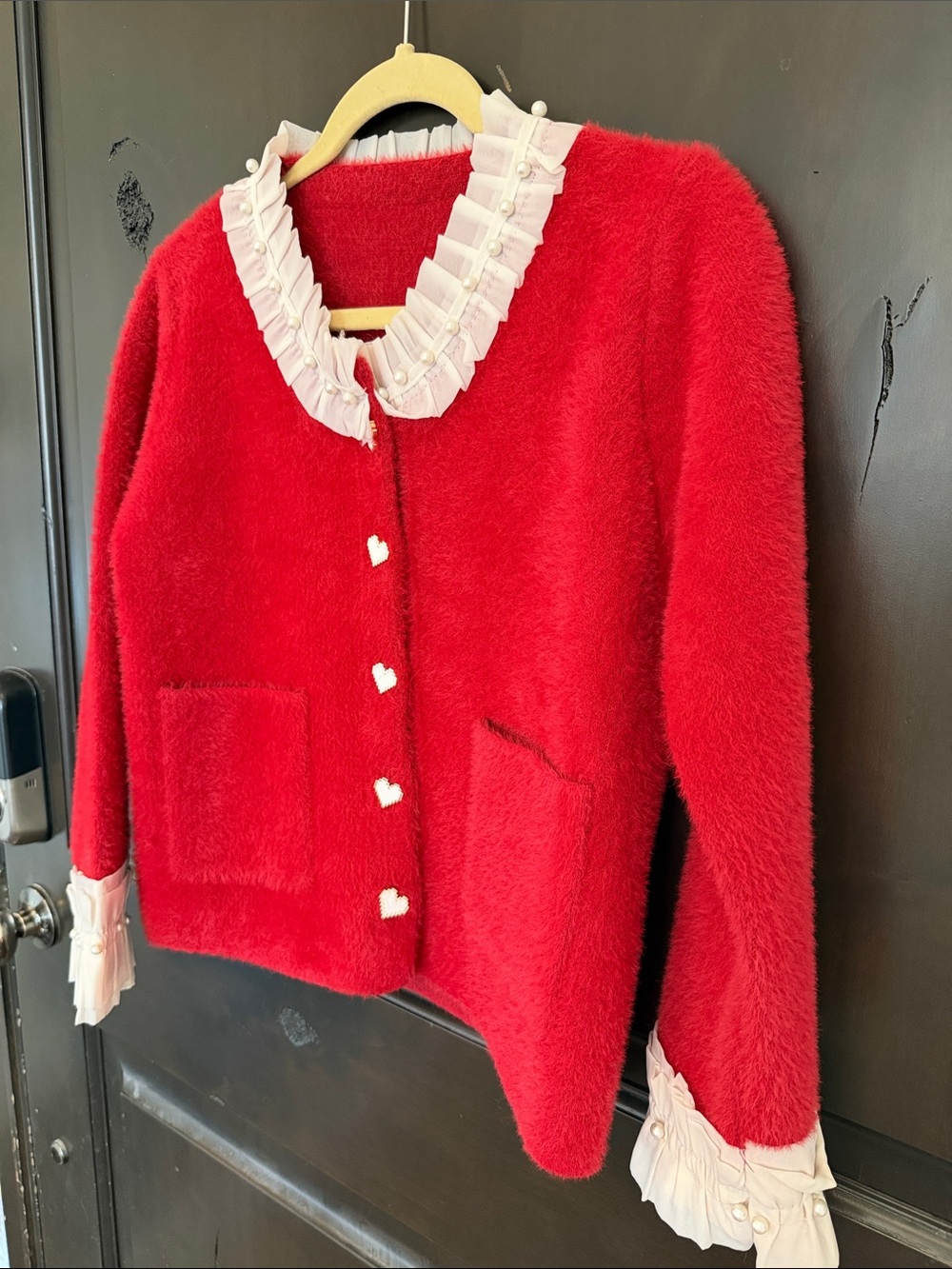 High End Red Ruffled Collar Heart-Button Sweater Size Small - Picture 2 of 5